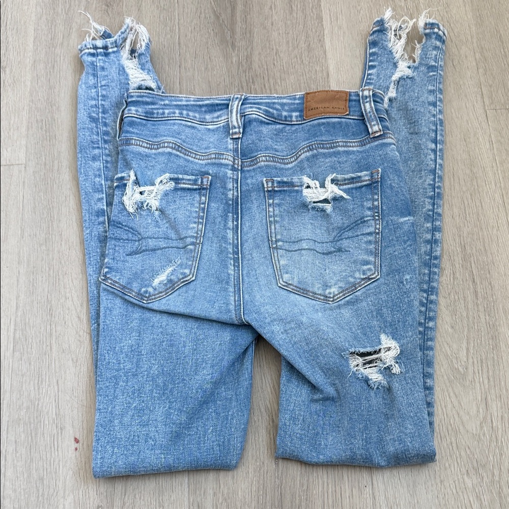 American Eagle High waisted Distressed Blue Skinny Jeans size 000 - Picture 7 of 15